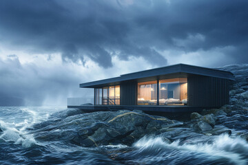 A Norwegian coastal cabin with a minimalist design, perched on rocks above a stormy sea, with dark...