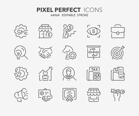 Line icons about SME concept, small and medium sized enterprises. Outline symbol collection. Editable vector stroke. 64x64 Pixel Perfect.