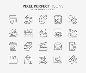 Icons about supermarket departments and services. Outline symbol collection. Editable vector stroke. 64x64 Pixel Perfect. 3 of 3 sets.