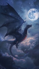 Capture the essence of a majestic dragon soaring across a moonlit sky from a low-angle perspective, its scales glistening in the night
