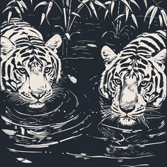 Two tigers swimming in a pond, vector illustration