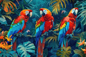 Tropical Animal. Jungle Paradise with Exotic Parrots and Lush Rainforest Plants