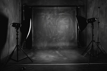 Backdrop Gray. Photo Studio Background Illuminated by Lamps with Dark, Grey Tones