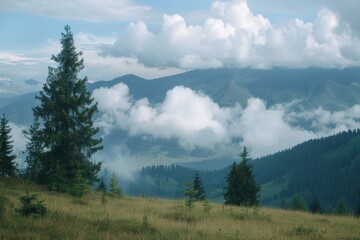 Top Of Tree. Beautiful Coniferous Forest with Cloudy Sky in Carpathian Mountains