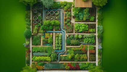 Overhead shot of a community sustainable garden with recycled water system and biodiversity. AI generated.