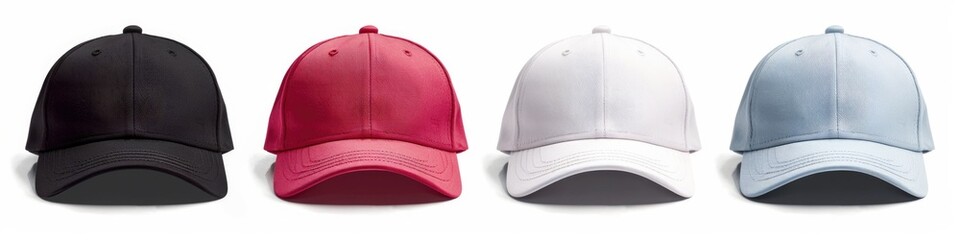 Blank Merchandise. Set of 4 Colorful Baseball Caps Isolated on White Background - obrazy, fototapety, plakaty