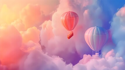 Obraz premium Miniature Hot Air Balloons Soaring Above a Pastel Sky, Aesthetic Background Design with Soft Colors, Hand Edited Generative AI