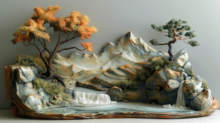 A 3D mountain scene with waterfalls and trees made of polymer clay.
