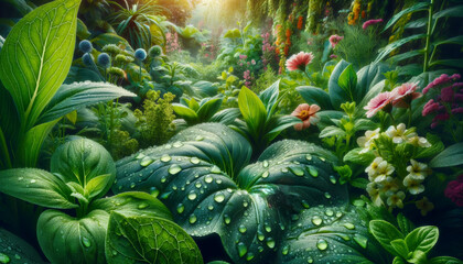 Fototapeta premium Close-up of wet leaves and blooming flowers in a sustainable garden after rain. AI generated.