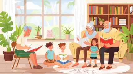 Elderly couple reading fairy tales to a group of children in a cozy living room