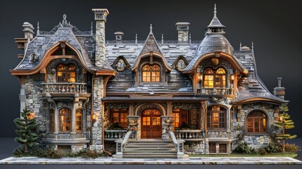 Obraz premium A beautiful mansion made of stone with a slate roof and lots of windows.