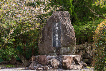 Mitoyo, Kagawa, Japan - April 9 2024 : Monument of Asahiyama Shinrin Park ( Mt. Asahi Forest Park ). Cherry blossoms in full bloom in Shikoku island.