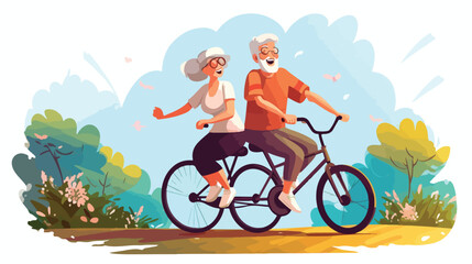 Active grandparents ride tandem bike in summer park