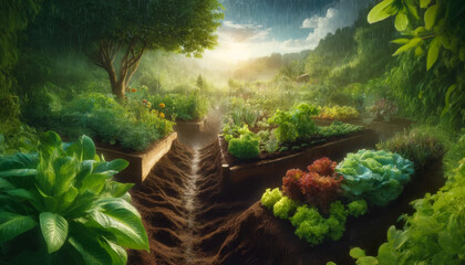 Panoramic view of a sustainable garden after rain, enriched soil visible. AI generated. - obrazy, fototapety, plakaty