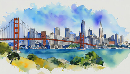 Watercolor illustration of San Francisco city, America. Abstract buildings, architecture. Hand drawn
