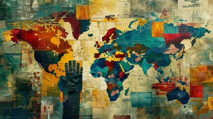 A colorful painting of the world map with a raised hand in the middle.
