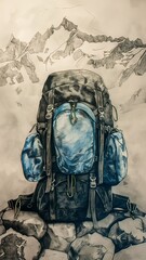 Vertical AI illustration backpack on mountainous terrain sketch. Concept hobbies and entertainments.