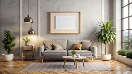 Mockup of a living room with a sofa and a coffee table, suitable for use in interior design or as part of illustration projects.