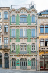 Traditional urban historic center architecture. Typical colorful building facade of Porto city center. Travel and monuments of Portugal. Next to the Douro river.
