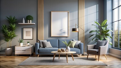 Mockup of a living room with a sofa and a coffee table, suitable for use in interior design or as part of illustration projects.