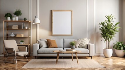 Mockup of a living room with a sofa and a coffee table, suitable for use in interior design or as part of illustration projects.