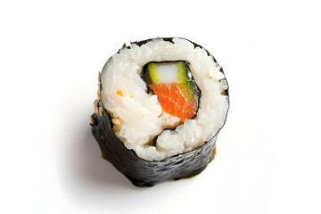 A perfectly crafted sushi roll isolated on a white background