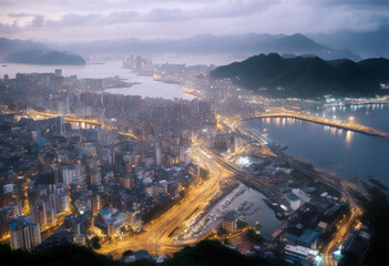 dawn lights beautiful morning busy view Aerial reflecting northern city trails Keelung Taiwan foggy...