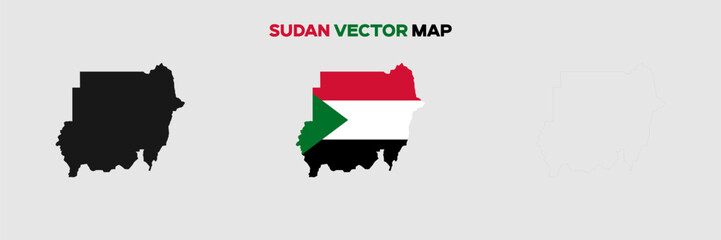 Sudan Map Vector Pack. Map with Flag. Gray Map Silhouette. Gray Outline Map. Editable EPS file. 
