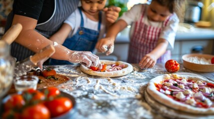 Excited family enjoying the process of making homemade pizzas at home