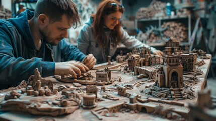 A man and a woman are building a miniature city out of clay.