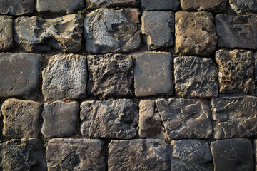 Obraz premium Textured surface of cobbled stones, showcasing their irregular shapes and worn surfaces. Cobbled stone textures offer a classic and timeless backdrop