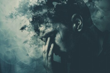 Conceptual image portraying the struggle with mental disorder through a man and disintegrating smoke - obrazy, fototapety, plakaty