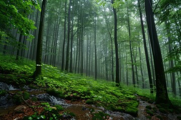 Obraz premium Dense Forest With Tall Trees, Ein von der Sonne durchfluteter Wald.