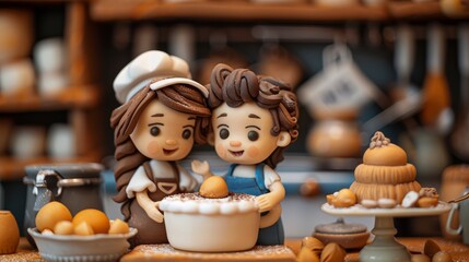 A photo of two figurines of a man and woman baking together in a kitchen.