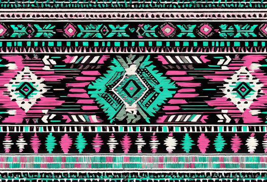 print Decorative Vintage fashion cyan Seamless White border Ethnic embroidery style aztec design Folk Boho pattern pink green retro black Background Texture De