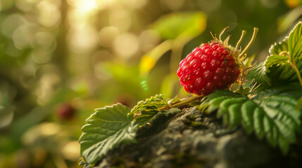 A red raspberry is sitting on a leaf