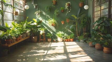 Obraz premium A room filled with lush green plants and sunlight shining through the windows.