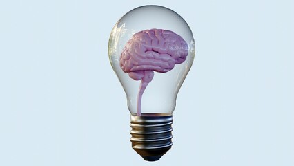 3D Rendering of human brain inside of glass light bulb