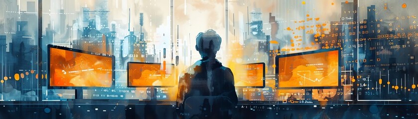 A person sitting in front of three computer monitors, looking at lines of code. The background is a blurred cityscape.