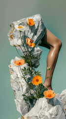 A woman's leg is shown in a flower arrangement on a rock - obrazy, fototapety, plakaty