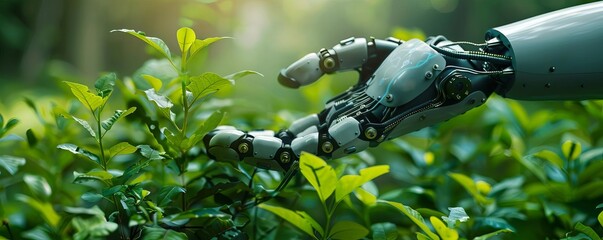 A robot hand gently holding a plant, with a futuristic background - obrazy, fototapety, plakaty