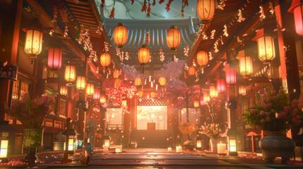 A large room with many lanterns hanging from the ceiling - obrazy, fototapety, plakaty