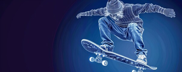 A skateboarder doing an ollie in a blue void - obrazy, fototapety, plakaty