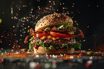 Delicious gourmet burger with crispy bacon, melted cheese, fresh lettuce, and tomatoes, served on a sesame seed bun with vibrant sauce splashes on a dark backdrop