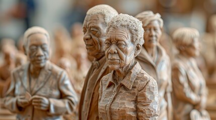 A wooden sculpture of a group of people.