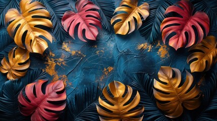 colorful tropical leaves wallpaper background - obrazy, fototapety, plakaty
