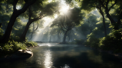 Obraz premium A peaceful river winding through a dense forest, with sunlight filtering through the canopy and dappling the water's surface