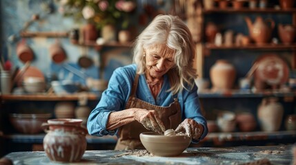 An elderly woman carefully works on a clay bowl in her pottery studio.