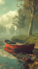 A red boat is floating in a lake with trees in the background - obrazy, fototapety, plakaty