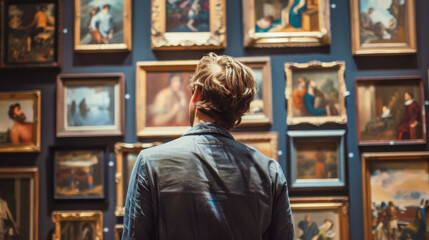 A man is looking at a wall of paintings